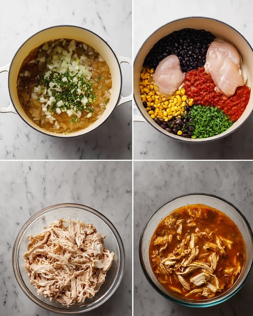 The image shows four steps of making a dish in a white pot and a clear bowl, placed on a white marbled surface. The top-left corner has a white pot with chopped onions and green herbs cooking inside. The top-right corner shows the same white pot with two raw chicken pieces, black beans, corn, red sauce, and chopped green herbs arranged in separate colorful sections. The bottom-left corner features a clear bowl filled with shredded cooked chicken. The bottom-right corner shows the white pot filled with a mixed stew of the shredded chicken and sauce. Photo taken with an iphone --ar 4:5 --v 7