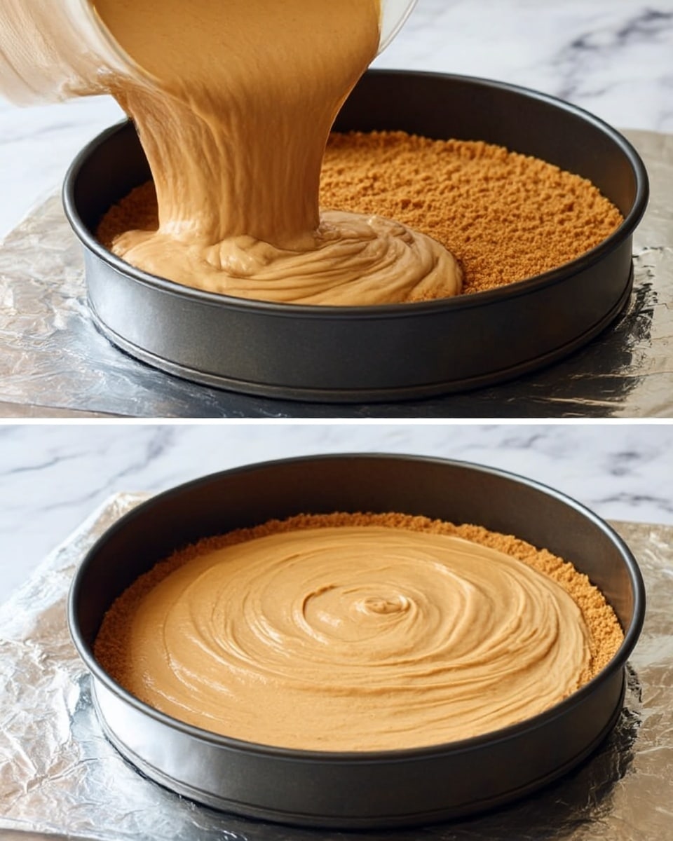Two images show the making of a dessert in a round black springform pan placed on a foil-covered surface. The first image shows a thick, creamy light brown batter being poured into the pan with a firm textured golden brown crumb crust already pressed evenly at the bottom. The second image shows the batter smoothed out evenly on top of the crust, with a light swirled pattern on the batter’s surface. The background is a white marbled texture photo taken with an iphone --ar 4:5 --v 7