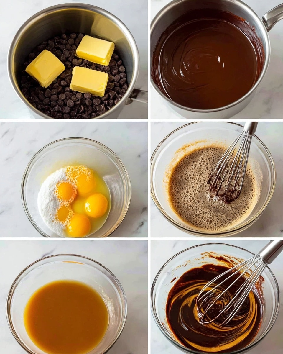 The image collage shows six steps in making a chocolate batter. The top left image has a silver pot with two blocks of light yellow butter on top of dark brown chocolate chips. The top right image shows the same pot with a smooth, shiny dark brown melted chocolate mixture being whipped with a silver whisk. The middle left image shows a clear glass bowl with four yellow egg yolks, white sugar, dark brown cocoa powder, and vanilla on top. The middle right image shows the same glass bowl with those ingredients mixed into a light brown bubbly liquid being whisked. The bottom left image shows the light brown liquid in the glass bowl with the melted dark chocolate mixture being poured in from the silver pot. The bottom right image shows the glass bowl with the dark chocolate mix swirled into the light brown mixture, with a silver whisk in the bowl. The background is a white marbled surface. photo taken with an iphone --ar 4:5 --v 7