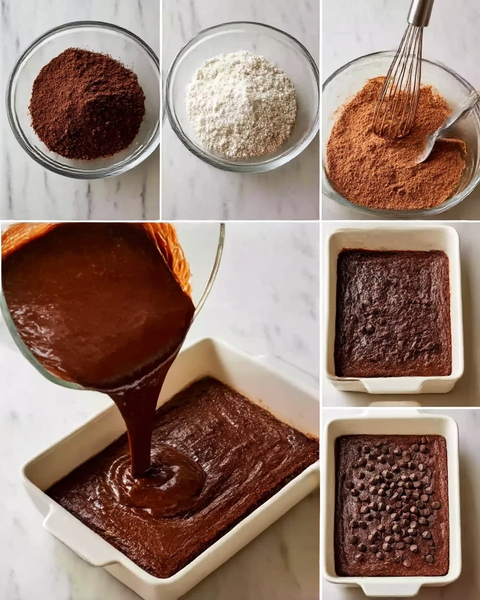 The image shows a six-step process of making chocolate batter and baking it. In the first frame, cocoa powder and white flour are in a clear glass bowl on a white marbled surface. The second frame shows these dry ingredients mixed into a smooth brown powder with a whisk. The third frame adds this dry mix to a glossy dark brown liquid chocolate batter in a large clear glass bowl, stirring with a spoon. The fourth frame captures the thick dark brown batter being poured from the bowl into a white rectangular baking dish. The fifth frame shows the batter spread evenly in the dish, topped with scattered chocolate chips. The last frame displays the baked chocolate cake in the white dish, now risen with a firm texture and chocolate chips on top. Photo taken with an iphone --ar 4:5 --v 7