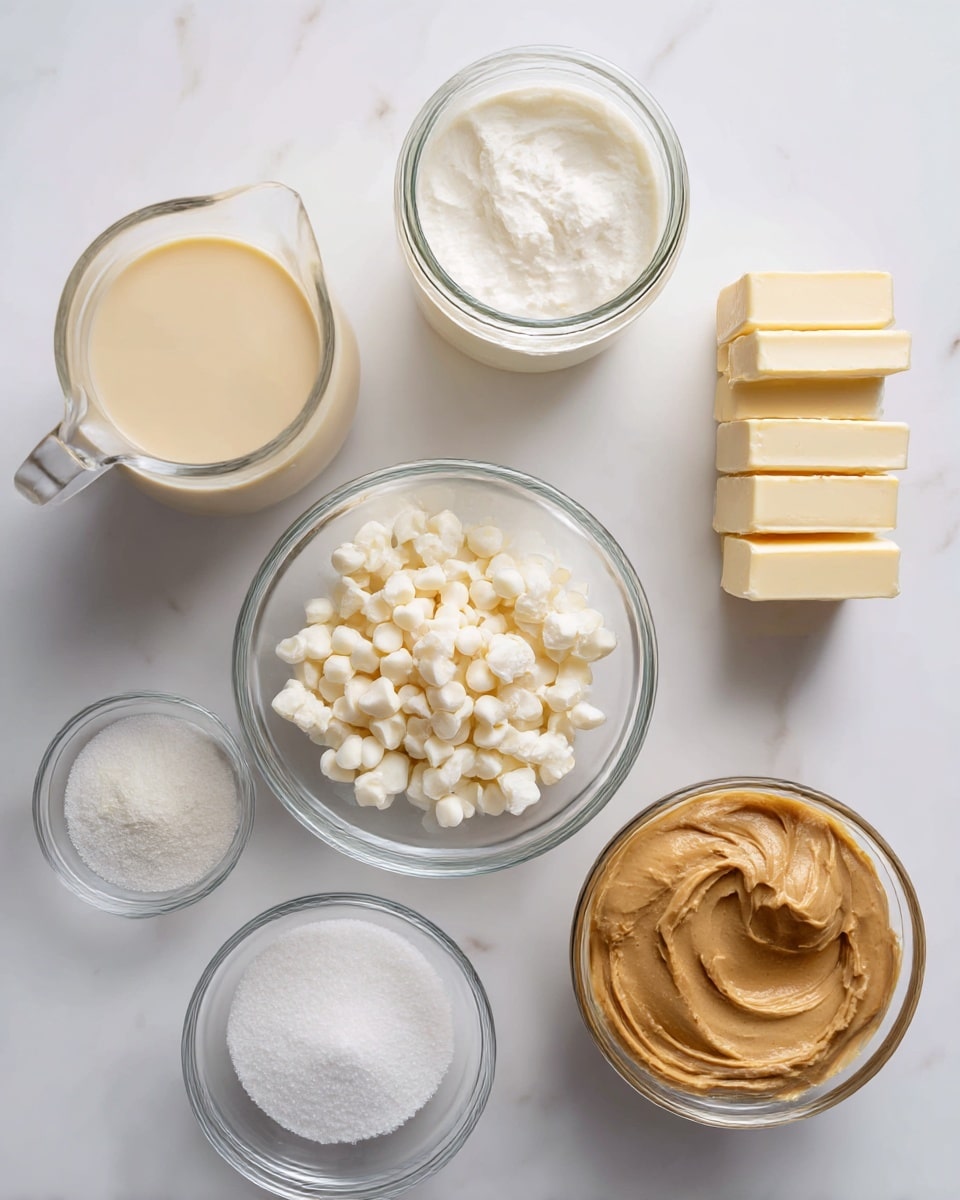 The image shows a white marbled surface with several clear glass bowls and containers arranged neatly. In the center, there is a bowl filled with small, white pieces of chopped corn or similar small white chunks. Above it to the right, a white jar filled with thick white cream is placed next to a stack of pale yellow butter sticks. To the left, a glass pitcher holds a creamy, light beige liquid. Below the central bowl, a larger glass bowl contains fine white sugar, and next to it on the lower right, another bowl is filled with creamy brown peanut butter or a similar spread. The setup is clean and organized, with the bowls and ingredients spaced evenly. photo taken with an iphone --ar 4:5 --v 7