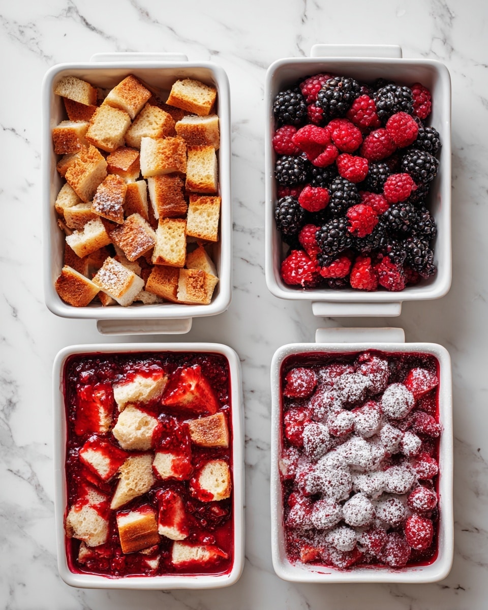 The image shows four white rectangular trays with a layered dessert on a white marbled surface. The first tray at the top left has small, uneven pieces of toasted bread arranged to cover the bottom. The second tray at the top right adds a mix of fresh raspberries and blackberries scattered on top of the toasted bread layer. The third tray at the bottom left includes a thicker layer of red sauce spread evenly beneath the berries, making the colors more vibrant. The fourth tray at the bottom right shows the dessert dusted with a light powder, likely powdered sugar, giving a soft white coating over the berries and sauce. Photo taken with an iphone --ar 4:5 --v 7