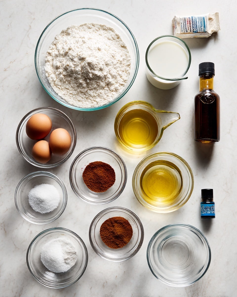 The image shows ingredients for baking arranged neatly on a wooden surface. There are two large clear glass bowls filled with white flour and granulated sugar, placed near the center. Below them, there are small bowls holding brown spice, salt, and baking soda. Two brown eggs sit beside the bowls, along with a clear glass measuring cup filled with light yellow oil. To the right, a glass of milk, a small empty glass bowl, a dark bottle of vanilla extract, and a tiny bottle of blue food coloring are placed. A package of yeast is also visible near the top. All items are placed on a white marbled texture instead of wood. Photo taken with an iphone --ar 4:5 --v 7
