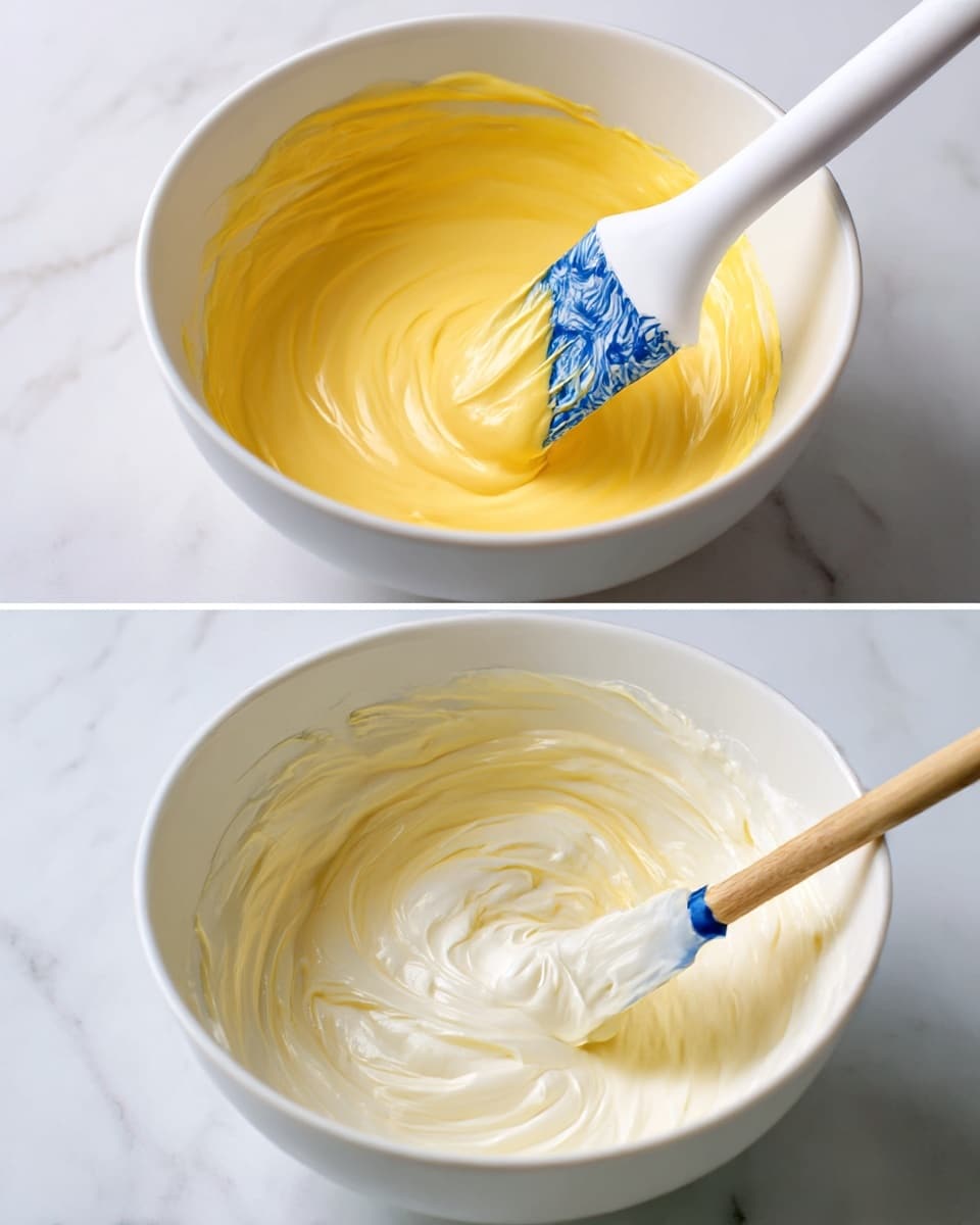 The first image shows a white bowl with a thick, smooth, bright yellow cream inside, being stirred with a spatula that has a blue patterned silicone tip and a white handle. The cream looks rich and glossy, with some cream coating the side of the bowl. The white marbled surface beneath adds a clean and fresh look. The second image has a white bowl filled with a thick, light, fluffy white cream being mixed with a spatula that has a blue tip and a wooden handle. The cream looks soft with visible swirls and small folds, while the white marbled surface under the bowl keeps the setting bright and clean photo taken with an iphone --ar 4:5 --v 7