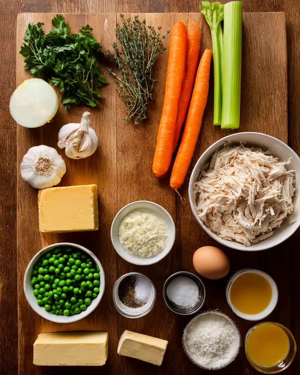 The image shows a wooden board with fresh ingredients arranged neatly. On the top left, there are green herbs like parsley and thyme, followed by white onion, garlic, and two long green celery sticks. Three orange carrots lie on the right side. In the center is a white bowl filled with shredded cooked chicken. Other items include a bowl of green peas, a block of yellow cheese, a small bowl of flour, an egg, a bowl of cream, a stick of butter, a small bowl of salt, a small container of black pepper, and a small bowl of yellow liquid, possibly broth or juice. The photo is taken with an iphone --ar 4:5 --v 7