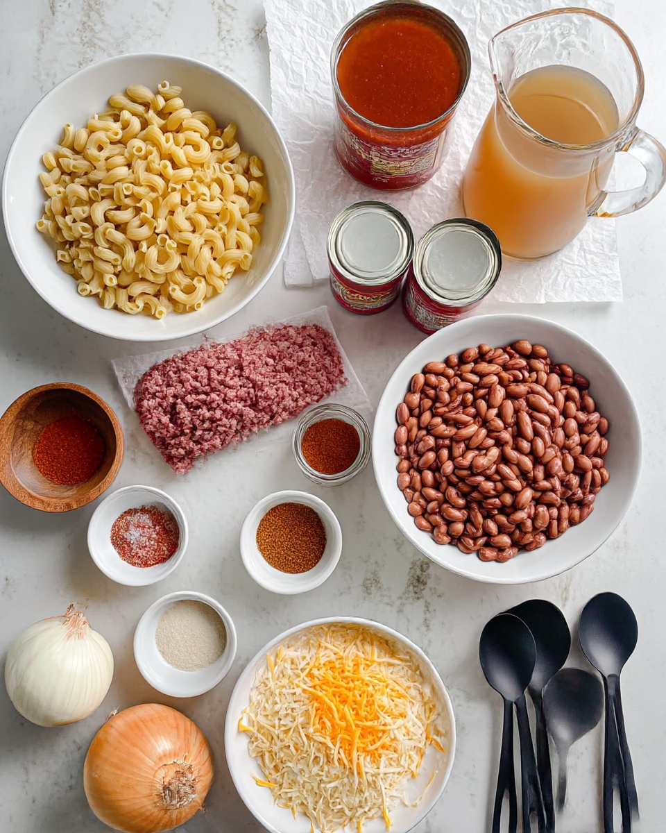The image shows cooking ingredients neatly arranged over a white marbled surface. In the center right, there is a white bowl filled with three types of brown beans, each in separate piles inside the bowl. To its top left, a white bowl holds dry elbow macaroni shapes. Below that is a piece of raw ground meat on white parchment paper. Above the beans at the top right, there is a glass pitcher filled with light brown broth, next to two open cans of red tomato sauces, one larger and one smaller. Below the beans are three small glass spice jars with reddish and brown powders. To their left, two small white bowls hold salt and a light-colored liquid. At the bottom center, there is a white bowl filled with shredded white and orange cheese, and to its right, a smaller white bowl contains shredded yellow cheese. A whole white onion and two garlic cloves sit near the left edge, with a wooden bowl of salt and a set of black measuring spoons grouped on the right side. The photo is taken with an iphone --ar 4:5 --v 7