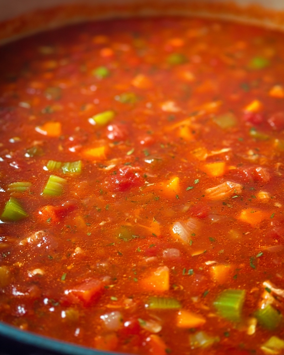 The image shows a close-up of a pot filled with a chunky red soup or stew, with visible pieces of vegetables such as green celery, orange carrots, and small bits of onions floating in the thick broth. The soup has a rich, slightly oily texture with bits of herbs sprinkled throughout. The pot itself is not fully visible, but the focus is on the vibrant and colorful surface of the soup. The white marbled texture background is out of focus, putting all attention on the hearty mix inside the pot, photo taken with an iphone --ar 4:5 --v 7