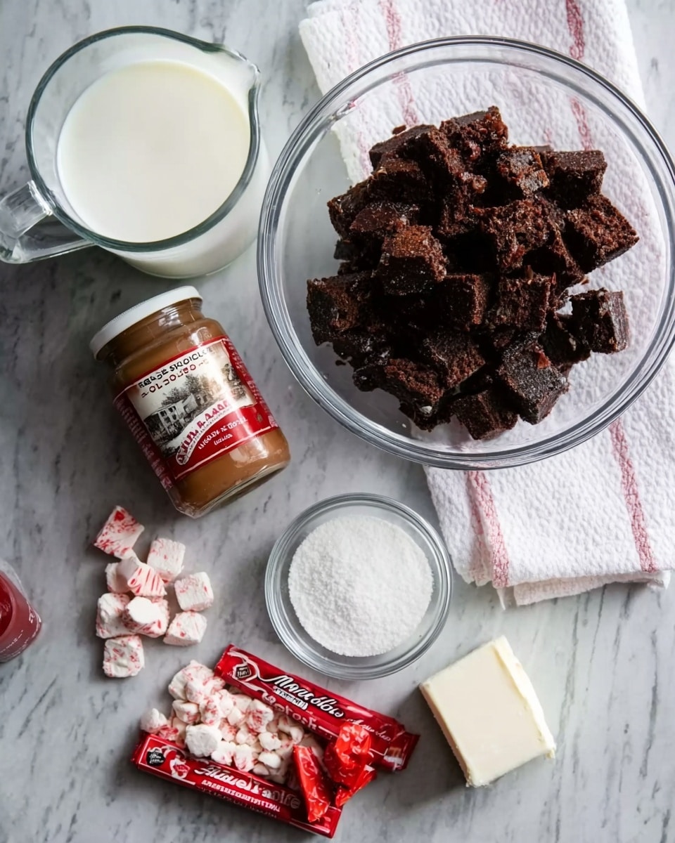 The image shows a clear glass bowl filled with dark brown chocolate cake pieces sitting on a white marbled surface. Next to it is a clear glass measuring cup with white milk inside. A white cloth with thin pale pink lines lies beneath a jar of Mrs. Richardson’s butterscotch. Below these items are a red and white Andes peppermint cream mint bar, some small white and pink peppermint pieces scattered on the surface, a small clear glass bowl of white powdered sugar, a block of white cream cheese, and a small red bottle of vanilla extract. photo taken with an iphone --ar 4:5 --v 7