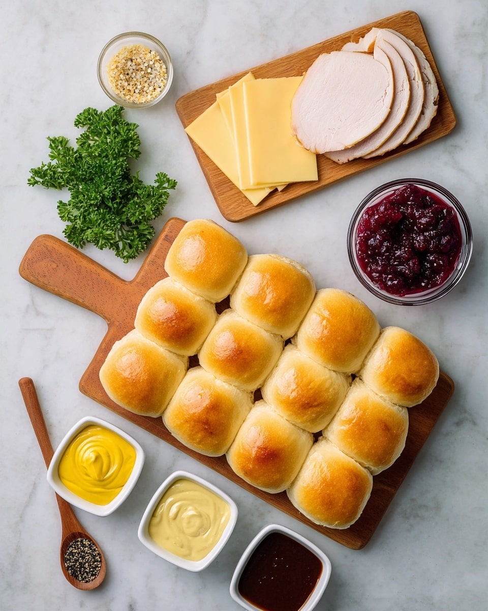 The image shows a wooden board with twelve soft, golden-brown dinner rolls arranged in three rows of four. Below the board, there is a small bunch of green parsley. Above it, another wooden board holds two slices of light brown turkey and five round slices of pale yellow cheese stacked slightly overlapping. To the right of the boards, a small round glass bowl contains chunky dark red cranberry sauce, and above it, a small square white bowl holds dark brown sauce. On the left side of the image, three small square white bowls contain yellow mustard, smooth bright yellow honey mustard, and a creamy mustard sauce, stacked vertically. A small wooden spoon with black poppy seeds lies between the boards. The background is a white marbled surface photo taken with an iphone --ar 4:5 --v 7