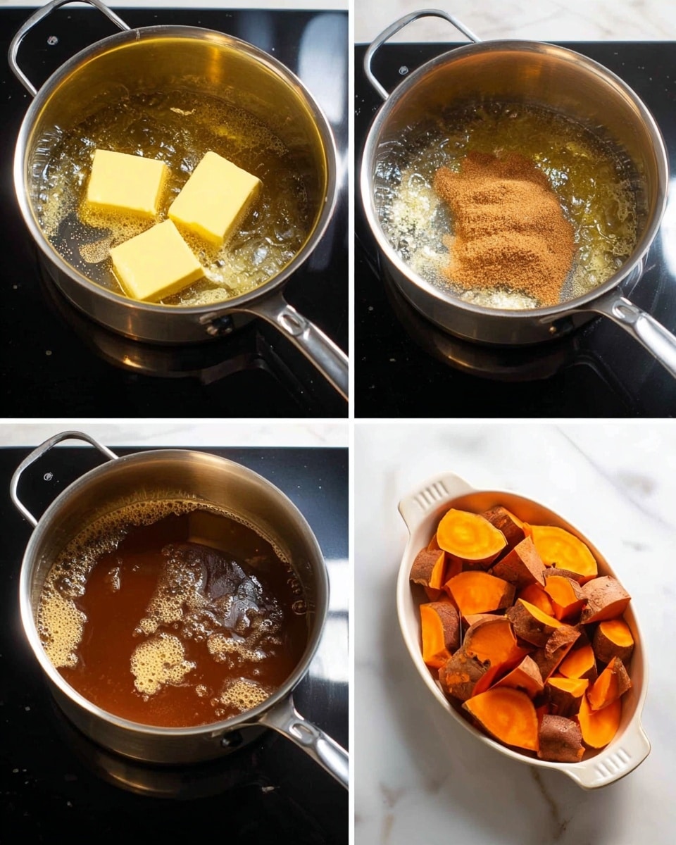 The image shows four stages of making a sweet sauce and combining it with sliced sweet potatoes. The first stage is a stainless steel pot on a black stove with two chunks of butter melting in bubbling oil. The second stage has the same pot now with melted butter and a pile of light brown sugar added in the center, sitting on the stove. The third stage is the pot with the sugar fully melted into the butter, creating a shiny, smooth brown caramel sauce with some bubbles on the surface. The last stage shows the sauce poured over orange-colored sliced sweet potatoes arranged in a white oval baking dish on a white marbled surface. Photo taken with an iphone --ar 4:5 --v 7