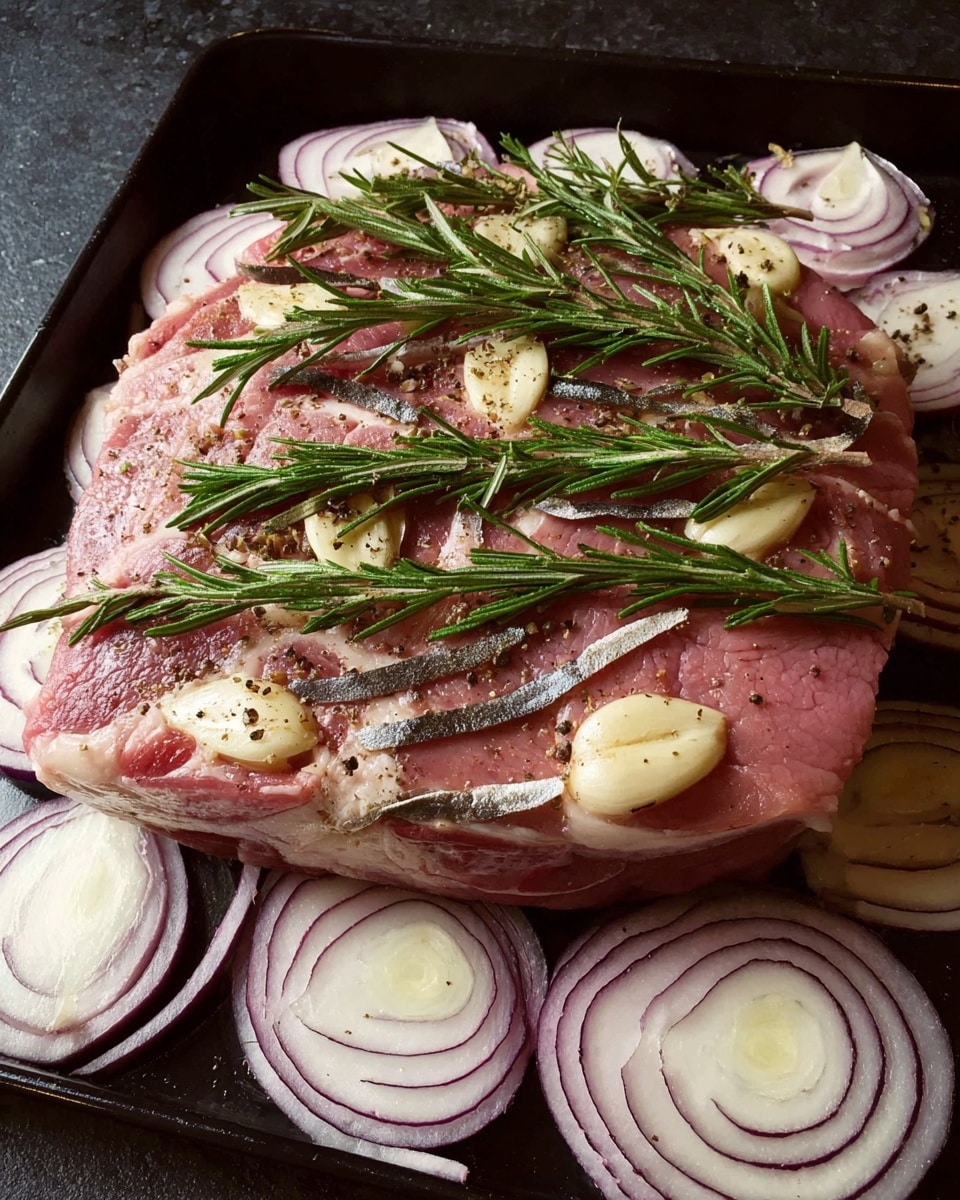 A large raw piece of pink meat sits on a bed of alternating white and purple onion slices arranged in a circle on a black tray. The meat is marked with cuts filled with whole garlic cloves. Sprigs of fresh green rosemary are placed across the top of the meat along with thin, dark anchovy fillets laid in lines. The black tray contrasts with the pale colors of the meat and onions. photo taken with an iphone --ar 4:5 --v 7