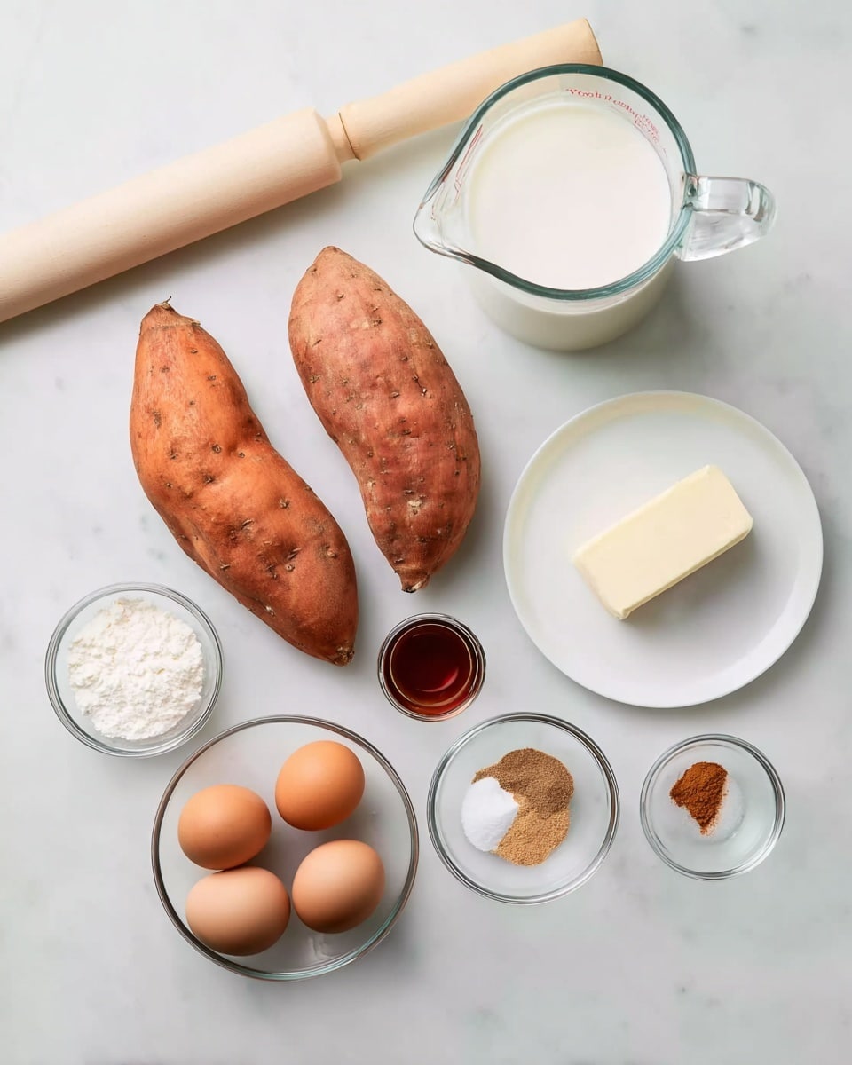 The image shows cooking ingredients arranged neatly on a white marbled surface. There are two whole sweet potatoes with a rough orange skin placed near the center. Above them is a clear glass measuring cup with milk inside. To the right of the sweet potatoes is a small white plate holding a stick of butter. Next to the plate are two small clear glass bowls; one contains a white powder, likely sugar, and the other has a light brown spice. Below these, there is a small clear bowl holding two brown eggs. To the left of the eggs is a small glass bowl with a dark brown liquid, likely vanilla extract. On the far left, there is a smooth beige rolling pin resting against the surface. The overall look is clean and well organized. photo taken with an iphone --ar 4:5 --v 7