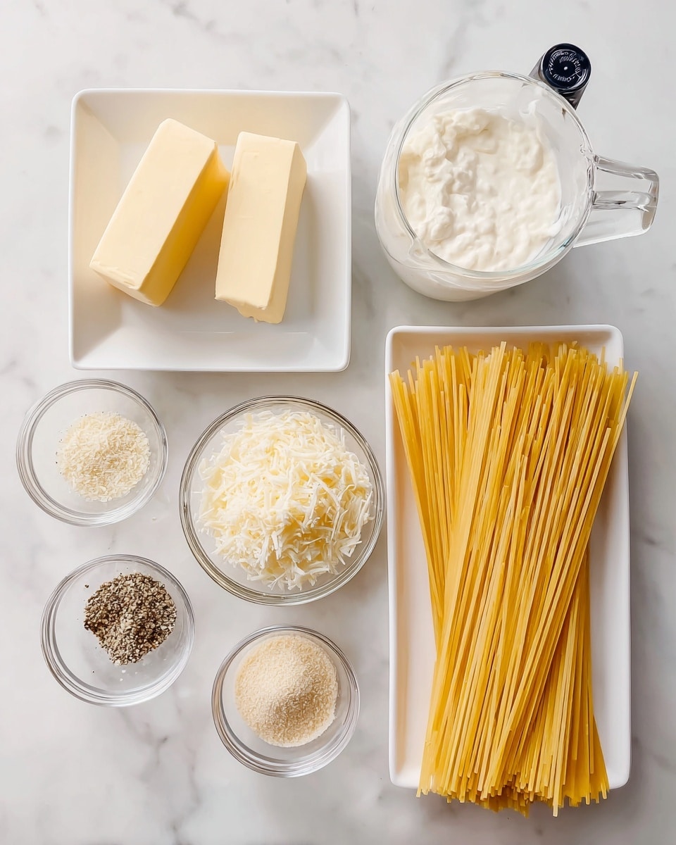 The image shows seven small containers arranged on a white marbled surface. On the top left, there is a square white plate with two thick, pale yellow butter sticks placed side by side. To the right of the butter, a clear measuring cup with a black handle is filled with white cream. Below the butter, two small glass bowls hold grated cheese: the bowl on the left has finely grated white cheese, and the bowl on the right contains grated Parmesan cheese. At the bottom left, there are two tiny glass bowls, with the left one holding a mix of black and white pepper and the right one filled with light beige garlic powder. On the far right side, a rectangular white plate is filled with dry yellow uncooked spaghetti, neatly arranged in parallel sticks. Photo taken with an iphone --ar 4:5 --v 7