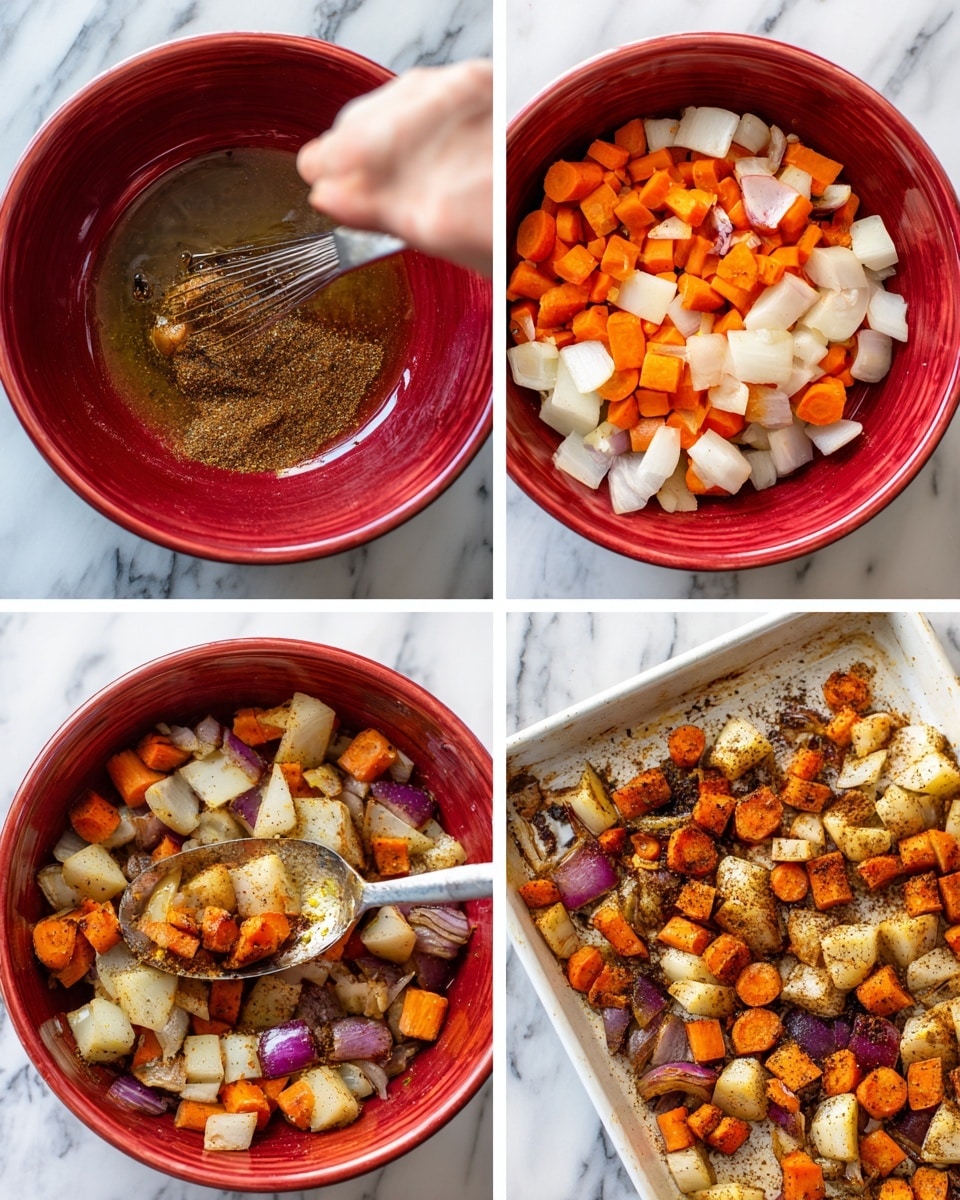 A collage of four images shows the process of making a roasted vegetable dish. The first image shows a woman's hand whisking a mix of brown spices and oil in a red bowl. The second image has the same red bowl filled with chopped carrots, white root vegetables, and diced red onions, with a spoon lifting some of the mix. The third image shows the mixed vegetables spread on a white tray, ready to be roasted, with visible spices sprinkled over them. The fourth image displays the roasted vegetables after cooking, showing browned and caramelized carrots, white root pieces, and red onions with a slightly crispy texture. The background is a white marbled texture. Photo taken with an iphone --ar 4:5 --v 7