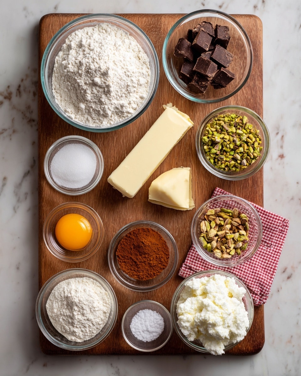 A wooden board is laid on a white marbled surface, holding eleven small clear glass bowls and a stick of butter arranged neatly. The biggest bowl on the left contains white all-purpose flour with a powdery texture. A smaller bowl with dark chunks of chocolate sits next to it. On the right, a bowl of chopped greenish pistachios rests on a red and white checkered cloth. Another bowl holds fluffy white ricotta. Below are smaller bowls with white baking powder, brown cinnamon powder, bright orange zest, a raw egg with yellow yolk surrounded by clear white, white sugar, and brownish nutmeg powder. A stick of pale yellow butter lies in front of the spices, with a small bowl of white salt nearby. photo taken with an iphone --ar 4:5 --v 7