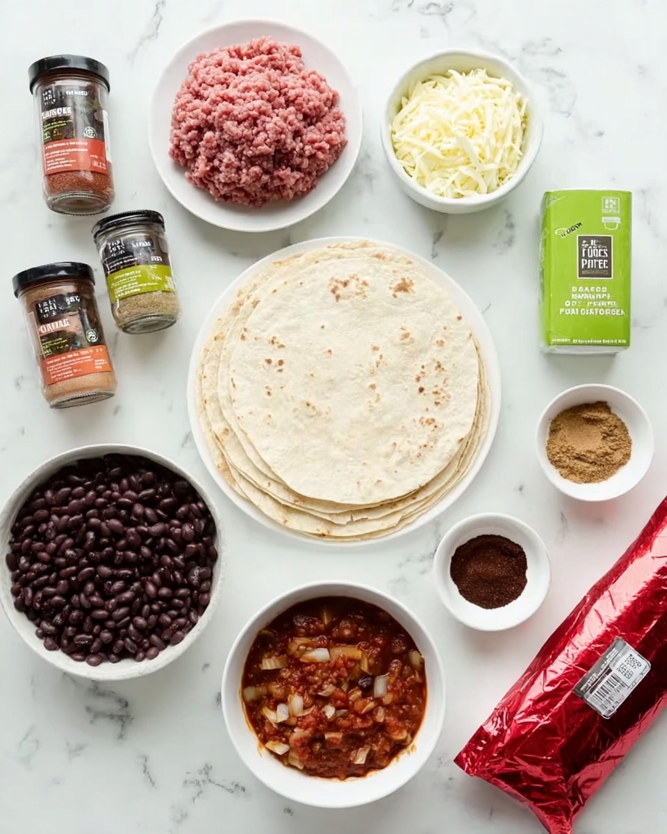 The image shows several ingredients arranged neatly on a white marbled surface. In the center-bottom, there is a stack of light beige flour tortillas. To the right of the tortillas, there is a white plate with a mound of raw ground meat, its texture smooth and pinkish-red. Above the tortillas, there is a tube of green-labeled garlic puree. To the left of the puree, there are three jars of spices lined up with labels showing mild chili, paprika, and cumin powders, each with distinct reddish-brown and yellowish colors. Below the spices, there is a small white bowl with dark brown or black cooked beans, another with a reddish tomato sauce containing chunks, and a smaller bowl with a brown powdered spice. There's another small bowl with a dark red paste, likely chili sauce, positioned near the beans. At the top, there are two white bowls, one filled with chopped white onions and the other with grated cheese of a pale yellow color. Between the beans and spices, there is a small wrapped item with red foil. Everything is placed on a clean white marbled texture. photo taken with an iphone --ar 4:5 --v 7