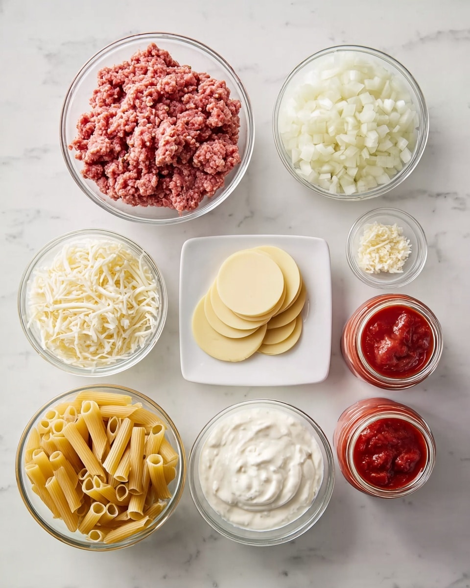The image shows a clean white marbled surface with eight clear glass bowls and one small white square plate arranged neatly. On the top left, there is a bowl filled with raw ground meat that is reddish-pink in color. Next to it on the right is a bowl with finely chopped white onions. To the right of the onions is a white square plate holding a stack of round yellowish cheese slices. Below the ground meat, there is a bowl filled with uncooked yellow pasta tubes. In the center, a bowl contains shredded white cheese. To the right of it is a tiny bowl with a small amount of grated cheese. Below the shredded cheese, another bowl holds thick white creamy sauce, likely sour cream or ricotta. On the far right, two glass jars contain red tomato sauce, their lids off. The arrangement is tidy and very well lit, with soft shadows, showing the ingredients clearly for preparation. photo taken with an iphone --ar 4:5 --v 7