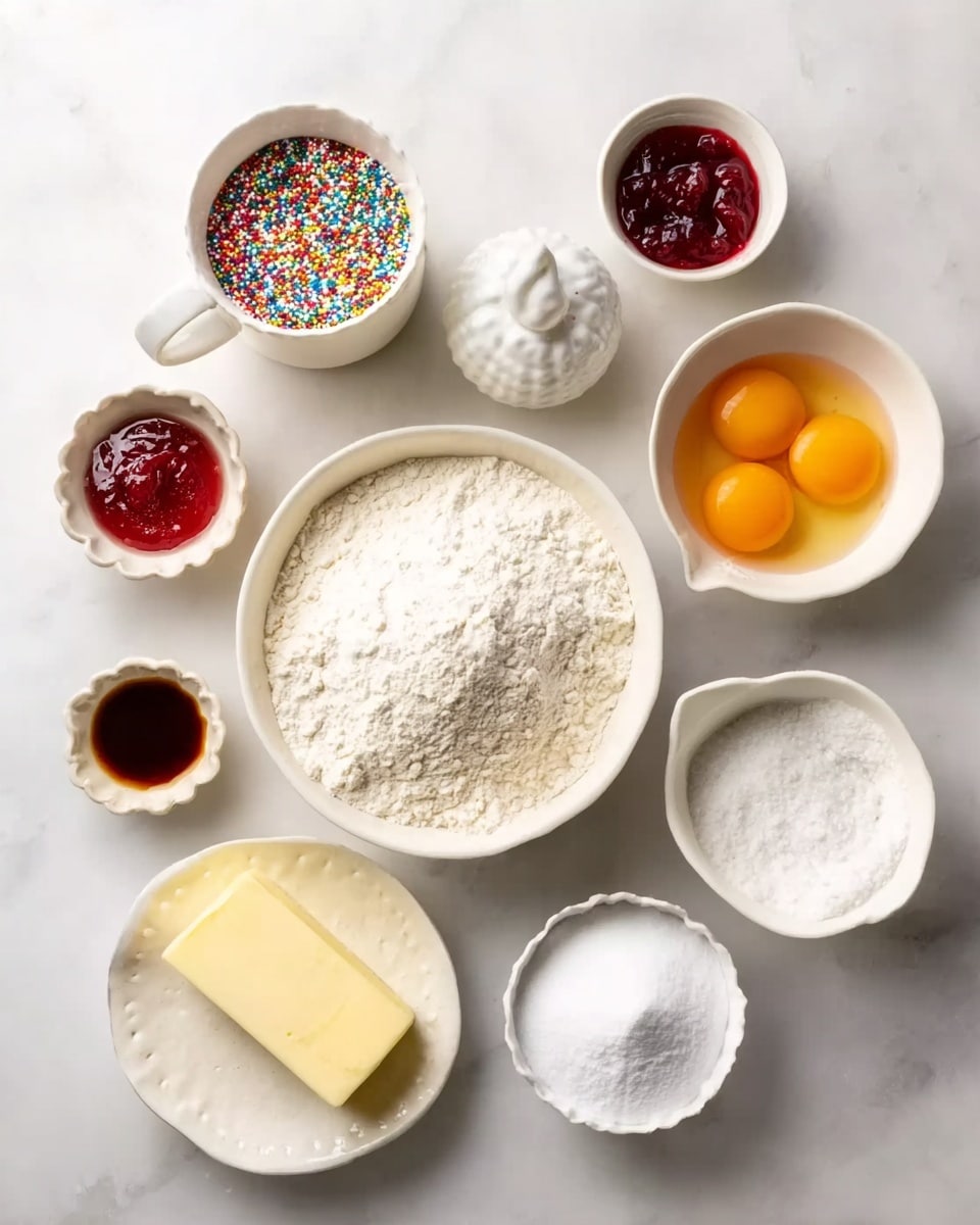 The image shows white bowls and a small white jug with different baking ingredients arranged on a white marbled surface. At the center is a large white bowl with white flour. Above it, there is a white mug filled with colorful sprinkles, next to that a white bowl with red jam. To the right, a white bowl holds two raw eggs with orange-yellow yolks. Below the eggs is a white bowl filled with white sugar. On the bottom right, small white jug contains milk, and near it, a white bowl filled with powdered sugar. On the bottom left, there is a stick of butter on the surface while above it two small white bowls hold salt and vanilla extract. Photo taken with an iphone --ar 4:5 --v 7