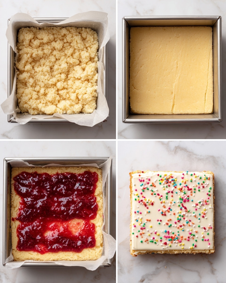 There are four images showing the making of a layered dessert in a square metal baking pan lined with parchment paper placed on a white marbled surface. The first layer is a rough, pale yellow dough spread unevenly in the pan with finger marks visible. The second image shows a glossy, deep red jam spooned unevenly on top of the dough layer but not covering the whole surface. The third image has a smoother, flat pale yellow dough layer pressed evenly over the jam, completely covering it and filling the pan. The last image shows the finished dessert on a wooden surface, topped with a smooth white icing layer decorated with colorful small round sprinkles scattered evenly across the surface. Photo taken with an iphone --ar 4:5 --v 7