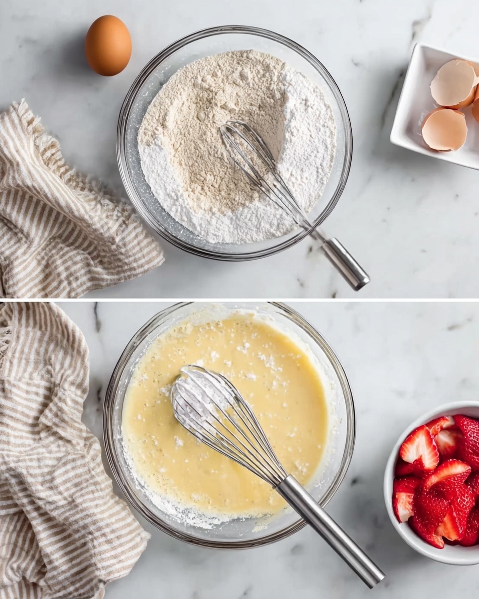 The first image shows a clear glass bowl filled with three dry layers, starting from the bottom with a light beige flour layer, a white sugar layer on top of the flour, and a small amount of white powder (likely baking powder or baking soda) scattered on one side. A metal whisk with a gray handle rests inside the bowl. Nearby, there is a white square bowl holding a single brown egg, and a folded beige and white striped cloth is partially visible on the white marbled surface beneath everything. The second image shows the same glass bowl now filled with a mix of thick, pale yellow liquid batter covering the dry ingredients underneath. The metal whisk is still inside, slightly submerged. Near the bowl, there is the white square bowl with two brown eggshell halves, and a white bowl filled with sliced red strawberries to the right. The surface remains the white marble texture with the beige and white striped cloth on the left side. photo taken with an iphone --ar 4:5 --v 7