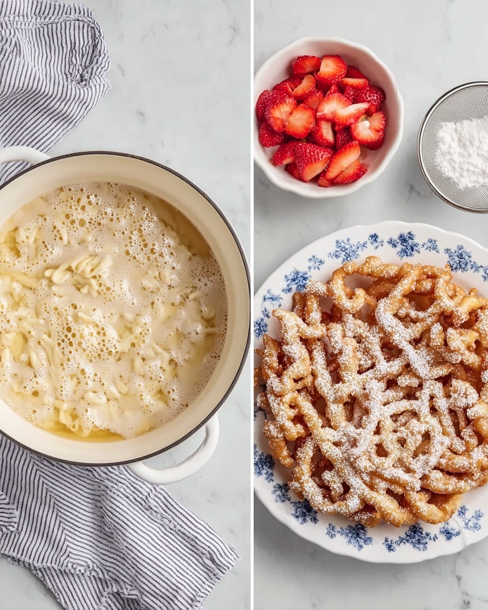 The left image shows a round white pot filled with uncooked pale yellow noodles or batter in oil, creating a bubbly light texture on top, sitting on a white marbled surface with a striped cloth nearby. The right image features a golden-brown funnel cake with a crispy, irregular lattice texture, dusted with white powdered sugar, placed on a white plate with a blue floral trim. To the top right of the funnel cake is a small white bowl filled with bright red sliced strawberries, and just above that is a small sieve with powdered sugar. The whole setup rests on a white marbled surface with a striped cloth on the left side. Photo taken with an iphone --ar 4:5 --v 7