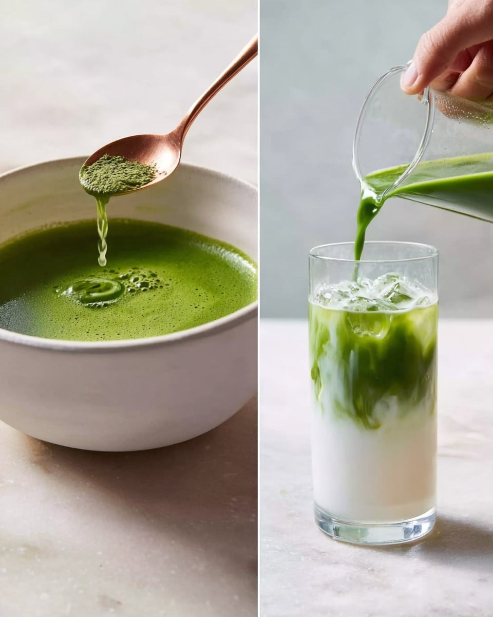 The image shows two parts: on the left, a woman's hand is pouring clear water from a copper spoon onto a bowl filled with a thick, bright green liquid that is smooth and slightly frothy, sitting on a white marbled surface. On the right, the green liquid is being poured into a tall clear glass filled with white milk and ice cubes, where the green tea slowly mixes with the milk creating a swirling pattern. The background is a white marbled texture with a light-colored cloth partially visible near the glass. Photo taken with an iphone --ar 4:5 --v 7