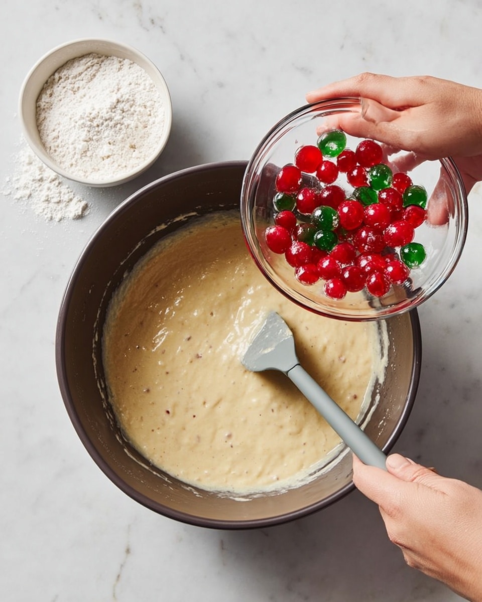 A close-up of a dark round bowl filled with light beige batter with a smooth texture, sitting on a white marbled surface. A woman's left hand is holding a clear glass bowl with red and green candied cherries above the batter, while her woman's right hand stirs the batter gently with a gray spatula inside the dark bowl. To the left is a small white bowl filled with white flour. The image shows action and bright natural lighting. Photo taken with an iphone --ar 4:5 --v 7