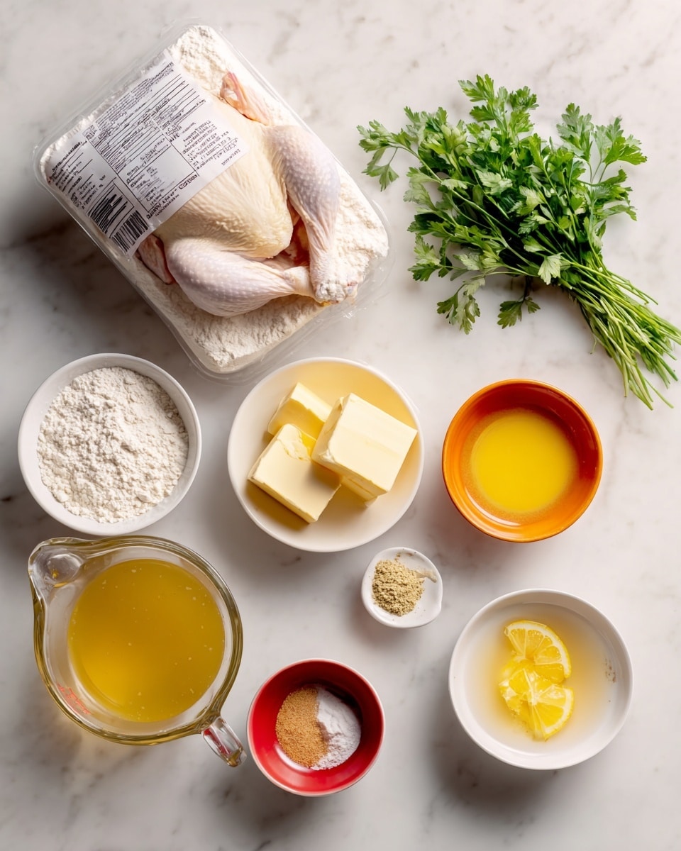 A top-down view of various cooking ingredients arranged on a white marbled surface: a raw whole chicken in white packaging with a label, a white bowl filled with white flour, a small orange bowl holding two blocks of pale yellow butter, a small white bowl containing yellow lemon juice and zest, a small red bowl with light brown garlic powder, a small white bowl with yellow olive oil, a clear measuring cup filled with light brown chicken broth, and a small bunch of fresh green parsley. All items are spaced evenly, showcasing their textures and colors clearly, photo taken with an iphone --ar 4:5 --v 7