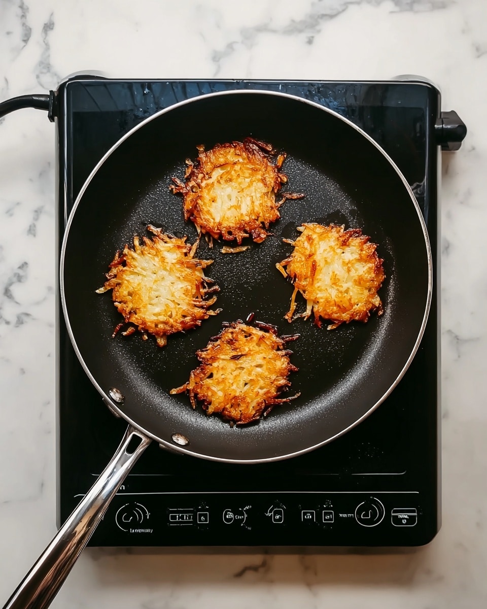 A black frying pan with a silver handle sits on a black electric stove with buttons on the front. Inside the pan are four small, round, golden-brown potato pancakes frying in oil. Each pancake has a crispy, textured edge with visible thin strands, making them look crunchy. The white marbled surface beneath the stove adds a clean background contrast to the warm colors of the pan and pancakes. photo taken with an iphone --ar 4:5 --v 7