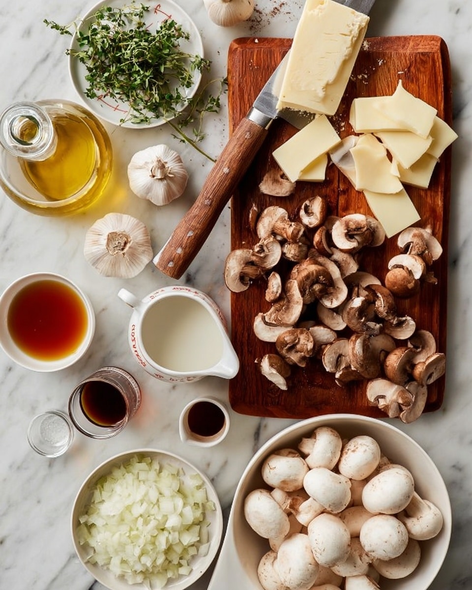 The image shows a white marbled surface with a wooden cutting board in the center. On the board are several sliced brown mushrooms with their white insides visible, alongside a large knife with a dark wooden handle. Near the top left of the board are fresh green thyme sprigs, and on the right side there are four small thick rectangular slices of butter on white paper. To the right of the board is a small white bowl holding a few garlic cloves, both whole and peeled. Below the board, on the white marbled surface, is a white bowl filled with whole white mushrooms, some dirty spots visible on their caps. Around it are small jars and measuring cups filled with ingredients, including finely chopped onions in a glass bowl, a clear cup of a dark liquid, a small bottle of olive oil, a glass jug with a light brown broth, and a jar with a white creamy liquid. Photo taken with an iphone --ar 4:5 --v 7