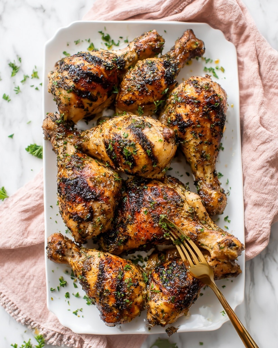 The image shows cooked chicken drumsticks and thighs on a white rectangular plate with slightly raised edges. The chicken pieces are golden brown and crispy with visible grill marks and some herbs sprinkled on top. The plate is placed on a white marbled surface with chopped parsley scattered around. A woman's hand holding a golden fork is reaching from the top right corner, gently touching one chicken piece. Next to the plate is a folded light pink cloth napkin. photo taken with an iphone --ar 4:5 --v 7