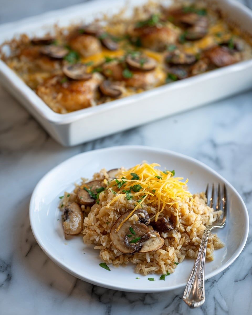A white plate holds a serving of a brownish rice dish with visible mushrooms and some darker pieces, topped with shredded pale yellow cheese. A silver fork rests inside the plate on the right side. In the background, a white rectangular baking dish shows more of the rice dish with several browned chicken pieces on top, surrounded by mushrooms. The setting is on a white marbled surface. photo taken with an iphone --ar 4:5 --v 7