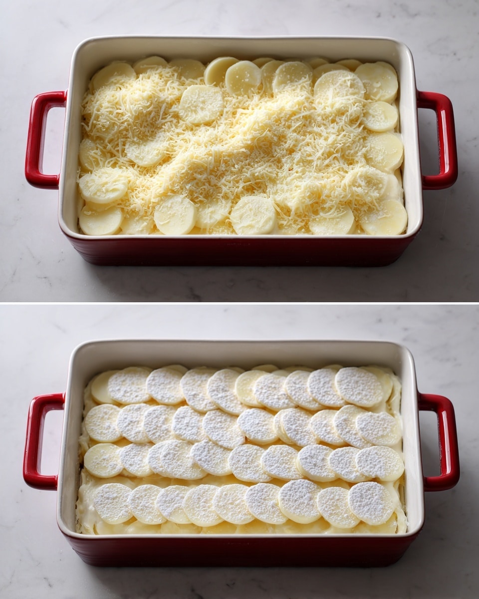 A white rectangular baking dish with red handles sits on a white marbled surface, shown in two views side by side. The first view shows a layer of round thin white slices evenly placed at the bottom, topped with a mixture of finely grated yellow cheese and a light dusting of white powder evenly spread. The second view shows a layer of the same thin white slices arranged neatly over the whole dish, slightly overlapping each other, with a light sprinkling of white powder on top. The overall look is neat and smooth with clearly visible layers. photo taken with an iphone --ar 4:5 --v 7