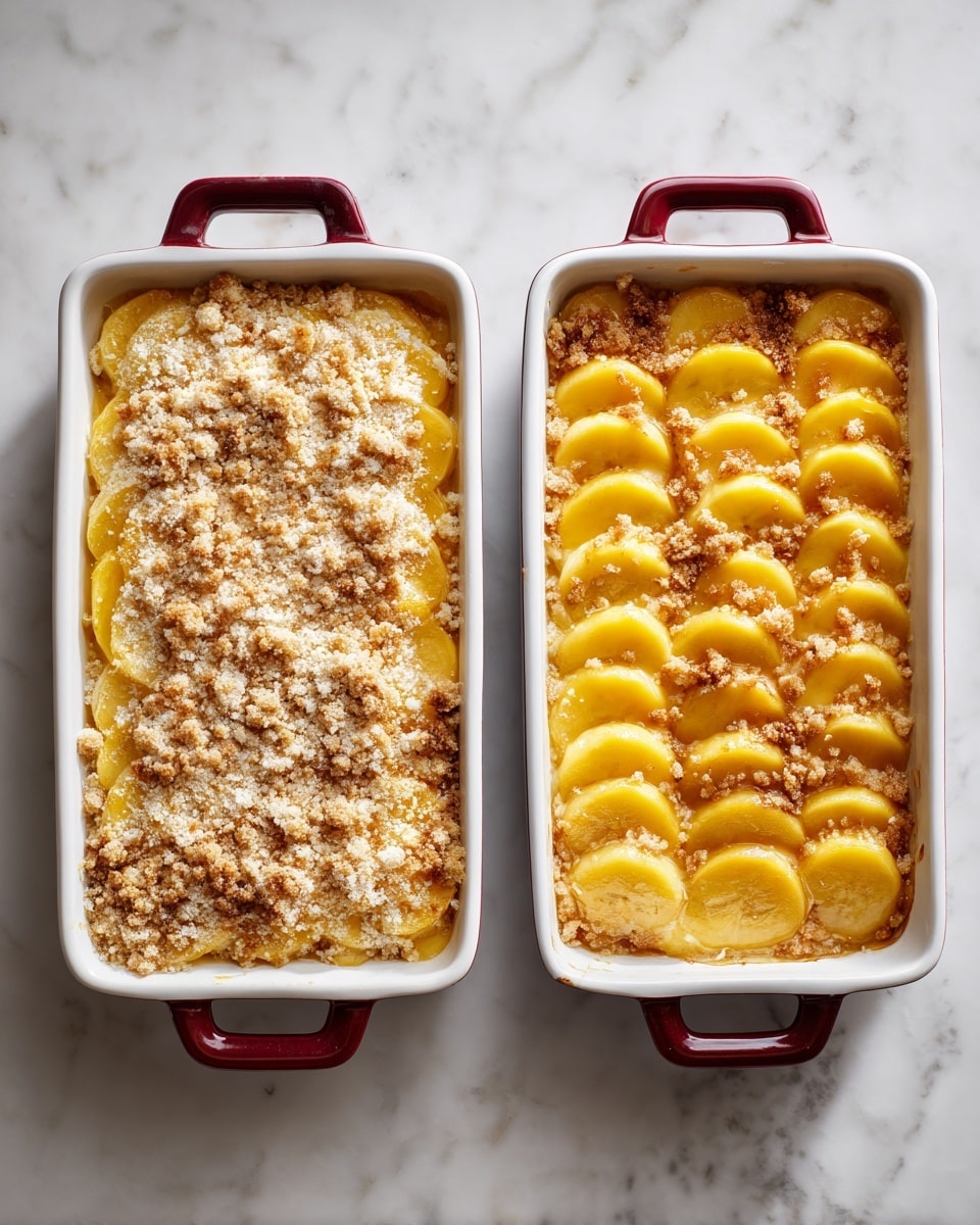 The image shows two white baking dishes with dark red handles placed side by side on a white marbled surface. The dish on the left contains an uncooked layered dish topped with a crumbly yellow mixture sprinkled evenly with white crumbs, creating a rough textured surface. The dish on the right shows the same dish after cooking, with a golden brown top layer featuring soft, slightly caramelized yellow slices arranged neatly in overlapping rows, surrounded by a creamy, slightly browned sauce that fills the dish edges. The whole scene has soft natural light highlighting the textures. photo taken with an iphone --ar 4:5 --v 7