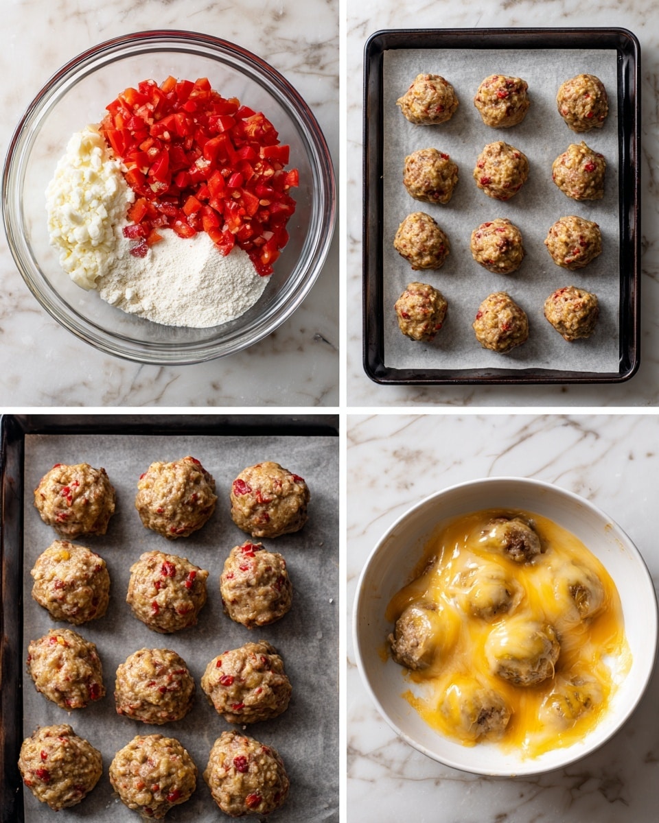 The image shows four steps of making cheese meatballs. In the top-left, a clear glass bowl contains four layers of ingredients: red diced tomatoes on the left, ground meat in the center, white flour on the right, and white cream cheese at the bottom. The top-right shows a black baking tray lined with parchment paper holding 18 raw meatballs shaped in rough small clusters with red and white specks. The bottom-left image displays the same baking tray after cooking, with the meatballs now firm and browned on the outside, evenly spaced in rows. The bottom-right shows a close-up of a white bowl filled with golden melted cheese covering browned meatballs, with the cheese slightly dripping over some. The whole scene sits on a white marble textured surface. Photo taken with an iphone --ar 4:5 --v 7