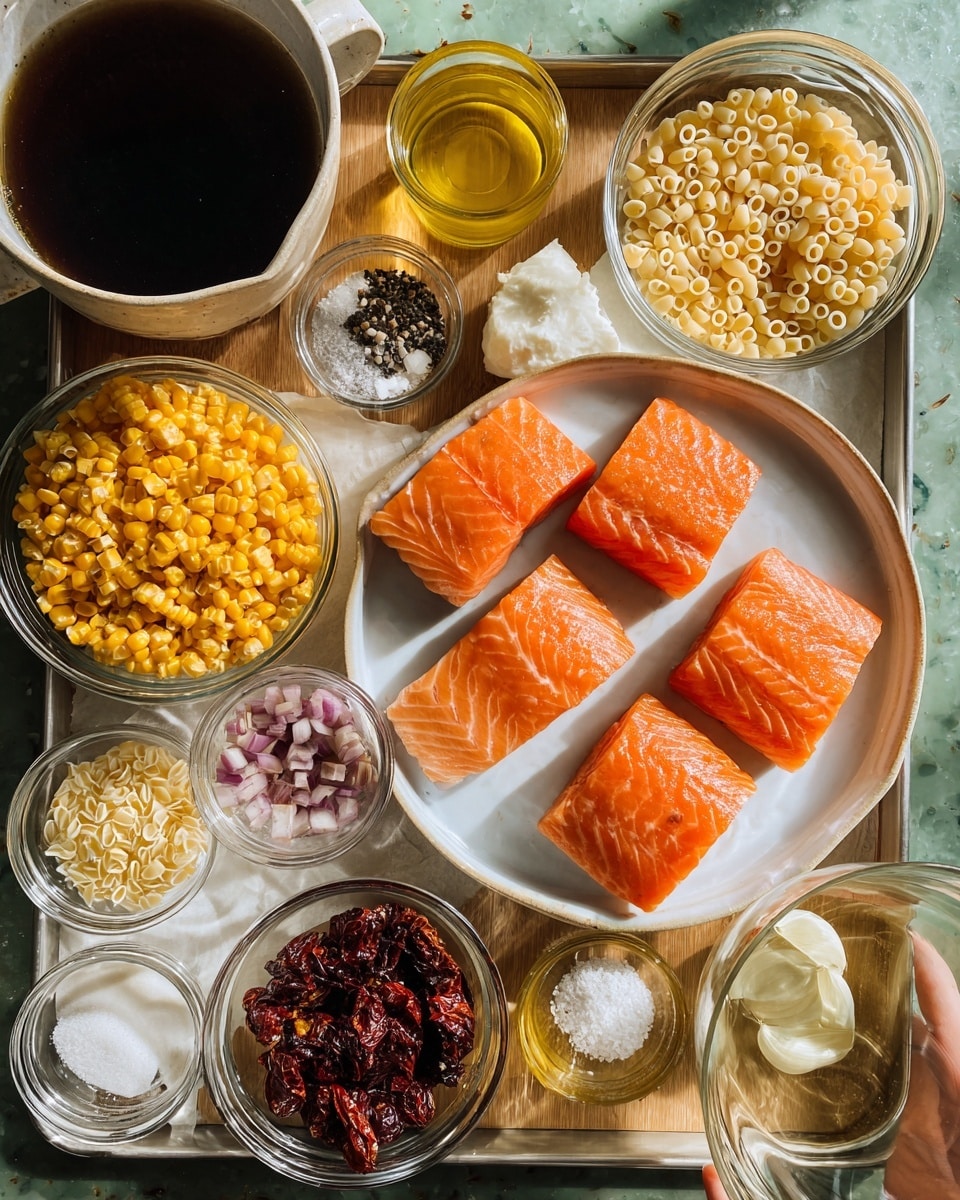 The image shows an overhead view of various ingredients arranged on a metallic tray with a green wooden surface below. On the right, there is a white plate holding four pieces of fresh salmon, bright orange with light white marbling on the surface. Surrounding it are small clear glass and white bowls containing different ingredients: a bowl of golden-yellow corn cobs cut into pieces, a bowl of chopped reddish-purple shallots, and a bowl of dark red sundried tomatoes. Next to these are small glass bowls holding light parmesan cheese, black pepper, and white salt. There is a glass container filled with light yellow olive oil and a measuring cup of white coconut milk. At the top left, a large cup filled with dark broth is visible. Orzo pasta, beige and small, is in a measuring cup next to the parmesan. Two garlic cloves sit beside the corn bowl near the center. A glass measuring cup of clear white wine is placed to the bottom right. The whole scene is set on a white marbled surface under natural light, and a woman's hand is gently touching the tray’s edge. photo taken with an iphone --ar 4:5 --v 7