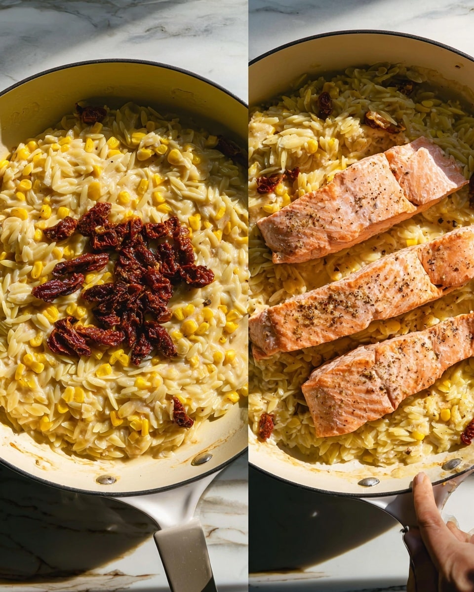 The first image shows a white pan filled with a creamy mix of yellow corn kernels and light yellow orzo pasta, with a small pile of dark red sun-dried tomatoes placed at the center on top. The second image features the same white pan now with three pieces of pink cooked salmon with light pepper seasoning placed on top of the creamy orzo and corn mix, along with scattered sun-dried tomatoes. The pan is on a white marbled surface with sunlight casting soft shadows, and a woman's hand is opening the pan handle below. Photo taken with an iphone --ar 4:5 --v 7