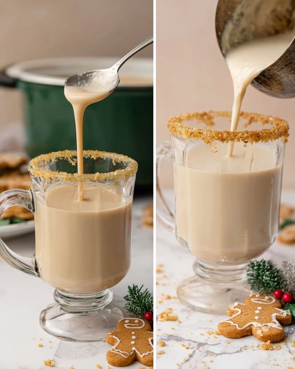 The image shows a creamy light beige thick liquid being poured from a vintage metal ladle into a clear glass mug. The mug has a golden crumb rim around the top edge and stands on a white marbled surface. There is a background with a green slow cooker and another similar glass mug with the crumb rim. Nearby on the surface are scattered golden crumble bits and gingerbread shaped cookies with a small green pine decoration with red berries. The liquid is smooth and flowing softly into the mug. Photo taken with an iphone --ar 4:5 --v 7