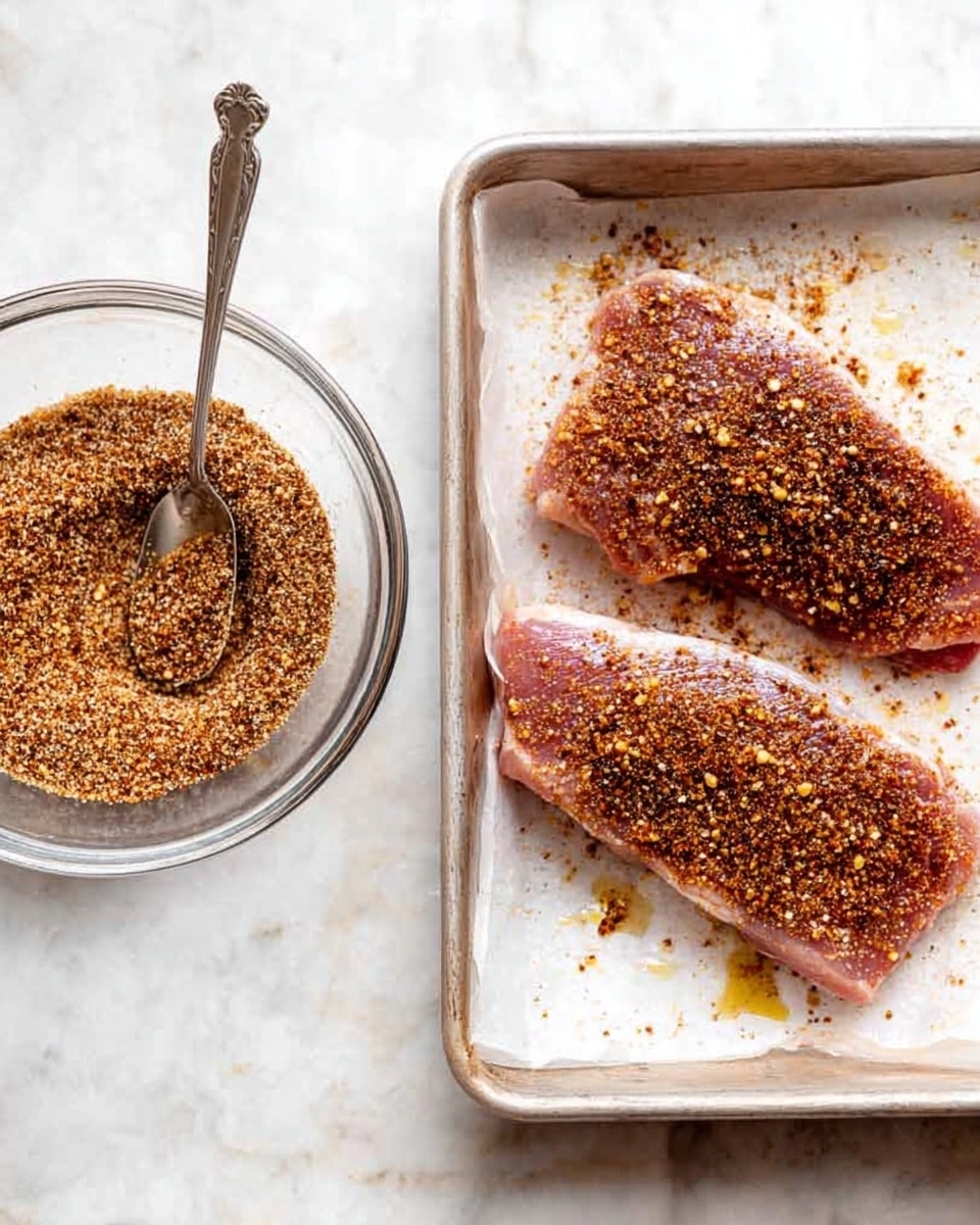 The image shows two scenes side by side on a white marbled surface. On the left, there is a clear glass bowl filled with a brown spice mix made of small grainy and coarse bits, with a silver spoon resting inside the bowl. On the right, two raw pieces of meat lie on white parchment paper in a metal tray, both sprinkled evenly with the same brown spice mix, with some oil visible around them giving them a shiny texture. Photo taken with an iphone --ar 4:5 --v 7