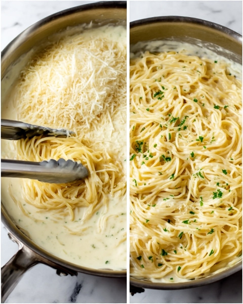 The image shows two close-up views in a cooking pan on a white marbled surface. On the left, dry yellow spaghetti strands are placed around the edge of the pan, partly submerged in a creamy white liquid, with silver tongs holding some strands. On the right, the same pan now contains spaghetti softened and mixed into the creamy white liquid, appearing more intertwined and partially covered by the sauce, with the silver tongs stirring the pasta. The scene captures the early cooking stage of the pasta in the creamy sauce, with the yellow of the noodles contrasting against the smooth white liquid. photo taken with an iphone --ar 4:5 --v 7
