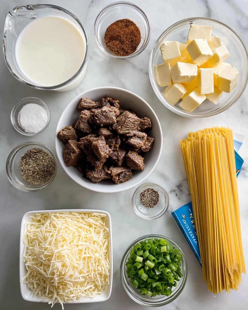 The image shows a white marbled surface with small clear glass bowls and white dishes holding various ingredients. In the top center is a small bowl with dark reddish-brown steak seasoning. Next to it on the right is a bowl with pale yellow chunks of butter. Below is a medium-sized white bowl filled with dark brown cooked steak bites. To the left is a glass measuring cup filled with white heavy cream and half & half. Near the bottom left is a white square dish packed with shredded pale yellow Parmesan cheese, with chunks of harder Parmesan pieces nearby. In the center bottom is a small bowl with a mix of black pepper and white salt. To the right is another small bowl filled with bright green chopped green onions. Fettuccini pasta in yellow sticks wrapped in a blue box is placed on the right side. The overall setting is neat and natural, with each ingredient clearly visible. photo taken with an iphone --ar 4:5 --v 7