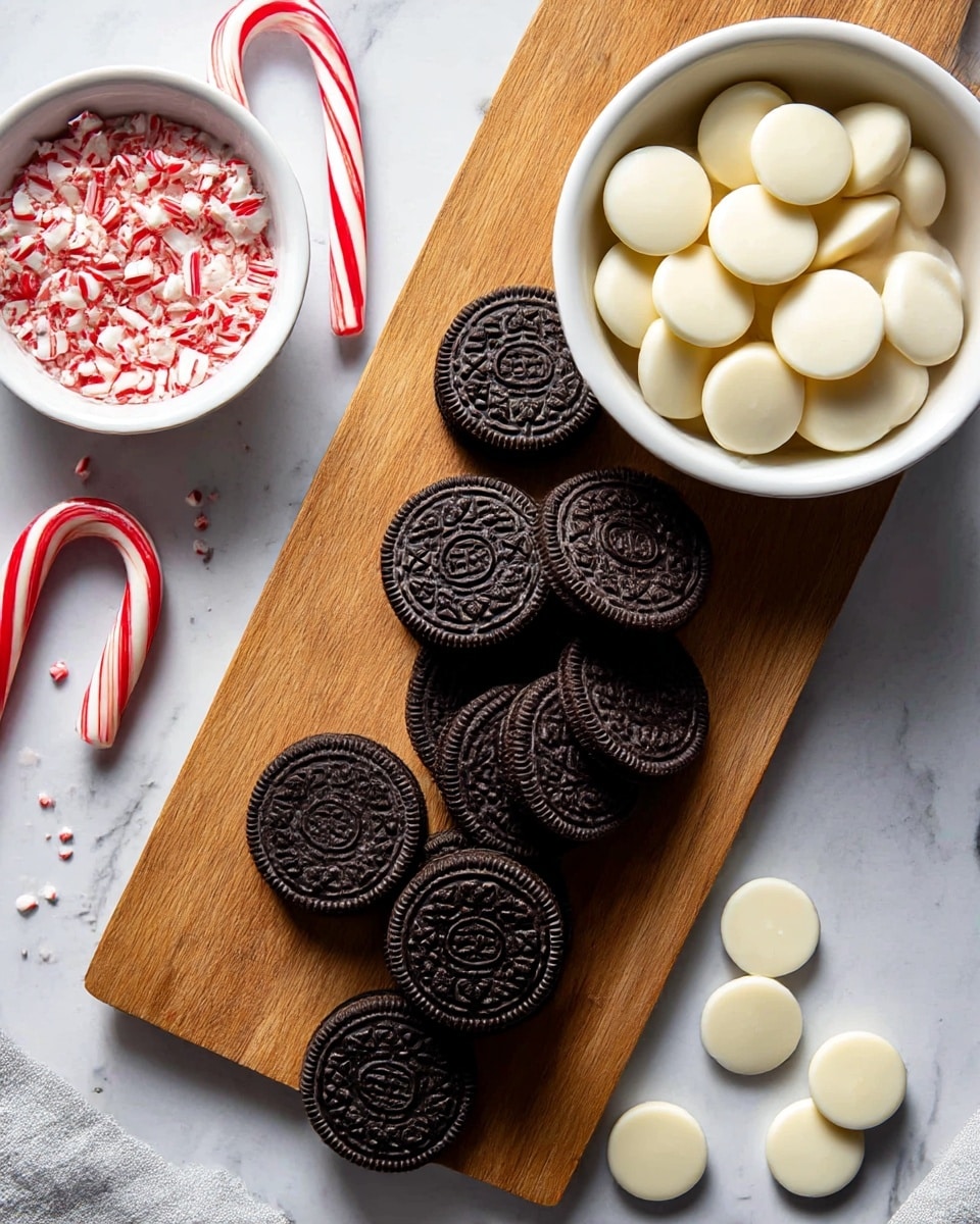 A wooden board is placed on a white marbled surface with a stack of whole dark brown Oreo cookies arranged in the middle, showing their detailed embossed tops. To the right, there is a white bowl filled with smooth, round white chocolate discs. Nearby, a few white discs are scattered on the surface. On the left side, a small white bowl contains crushed red and white peppermint candy, and two whole red and white striped candy canes rest beside the bowl and the wooden board. The overall scene has a clean and festive look. photo taken with an iphone --ar 4:5 --v 7