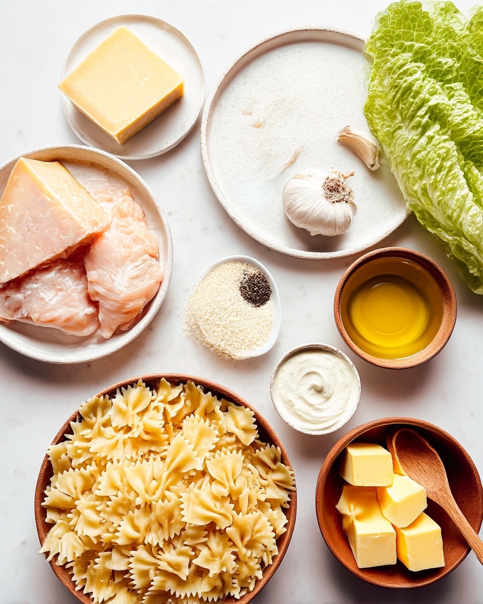 The image shows an overhead view of various cooking ingredients placed on a white marbled surface. There is a white plate with a wedge of light yellow cheese in the top left. Below it, two raw light pink chicken pieces are in a brown bowl. To the right, a white plate holds two garlic cloves, a white ceramic spoon with ground black pepper, a small bowl with golden yellow oil, and a bunch of fresh green lettuce leaves. A bowl with pale yellow uncooked bowtie pasta sits in the bottom right corner. A brown bowl with white breadcrumbs is placed near the pasta, and next to it is a small white bowl with creamy white mayonnaise or sauce with a wooden spoon inside. Lastly, a small brown bowl contains two yellow butter cubes. photo taken with an iphone --ar 4:5 --v 7