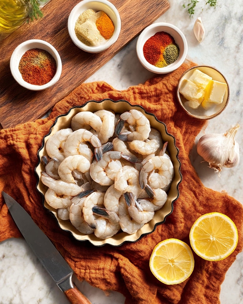 A round pie dish with scalloped edges filled with several layers of raw shrimp, each shrimp pale pink with blue-tinted tails, arranged overlapping and facing different directions. The dish rests on a crumpled burnt orange cloth, spread on a white marbled surface. Nearby, there is a small white bowl holding seven separate piles of colorful spices in shades of red, orange, yellow, white, and green. Next to it is another small white bowl with two pale yellow butter squares and a bulb of garlic with two peeled cloves. A wooden board holds a lemon sliced into three pieces with bright yellow skin and juicy, glossy flesh. A metal knife with a wooden handle lies partially visible on the edge of the cloth. Photo taken with an iphone --ar 4:5 --v 7