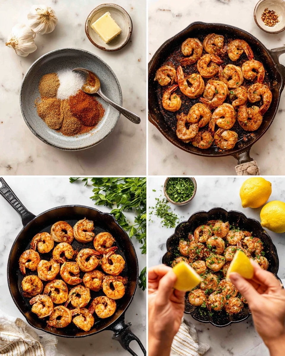 The image shows four steps of cooking shrimp arranged in a 2x2 grid on a white marbled surface. In the first step, a woman's hand is holding a spoon over a small gray bowl filled with mixed spices of brown, white, and red colors, with a garlic bulb, garlic cloves, a butter block on a gray plate, and some green parsley visible around. The second step shows raw shrimp coated with reddish spices, packed tightly in a black cast iron pan with a scalloped edge. The third step presents the shrimp spread evenly in a single layer in the same pan, now cooked to a golden brown with some char marks. The fourth step highlights cooked shrimp garnished with chopped green herbs and lemon wedges in the pan, with a woman's hand squeezing lemon juice over them. Photo taken with an iphone --ar 4:5 --v 7