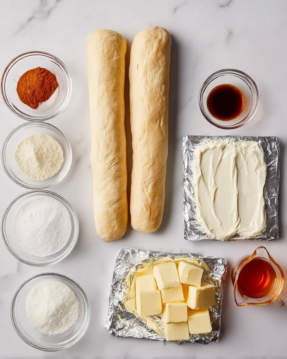 The image shows two long, pale beige dough rolls placed side by side on a white marbled surface. To the right of the dough, there are two foil packs, each with a thick layer of smooth white cream cheese spread. Above the dough, there are two small clear glass bowls, one filled with a reddish-brown powder and the other with dark amber liquid. Below them, three more clear glass bowls are arranged: one filled with white granulated sugar, a slightly larger one also with white sugar, and another containing pale yellow butter cubes. To the far right, there is a small clear glass measuring cup holding amber-colored syrup. Photo taken with an iphone --ar 4:5 --v 7