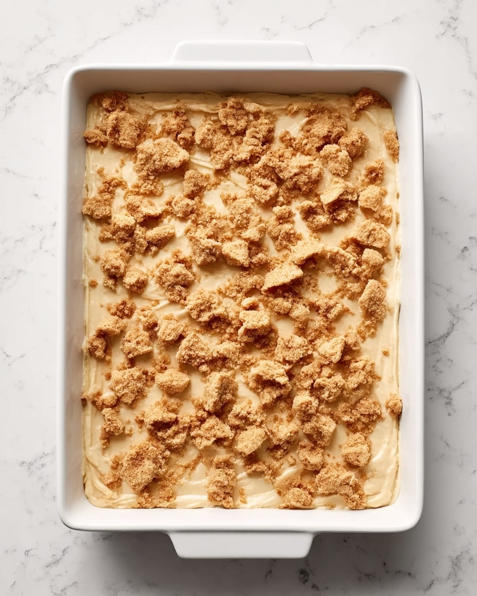 A white rectangular baking dish with a smooth, pale layer of batter spread evenly inside. On top of the batter, there are many small, uneven pieces of light brown crumbly topping scattered across the entire surface. The dish is placed on a white marbled surface, showing a clean and simple background. Photo taken with an iphone --ar 4:5 --v 7