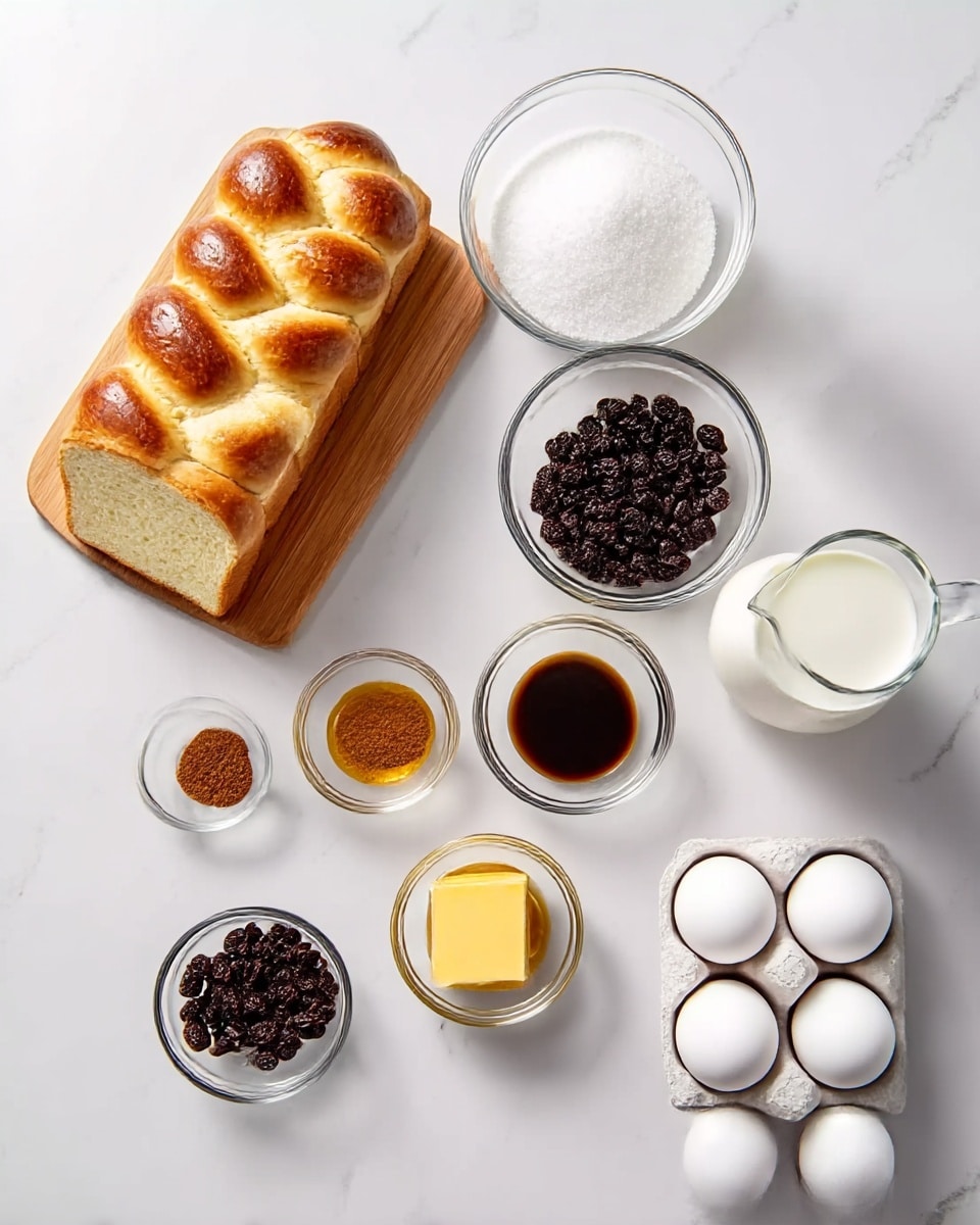 The image shows a white marbled surface with ingredients arranged neatly in a line. From left to right, there is a wooden cutting board holding six pieces of braided bread with a golden crust and soft inside, followed by a clear glass bowl filled with white sugar. Next to it is a clear glass bowl with dark raisins, a small glass dish holding a stick of yellow butter, another small glass dish with dark brown vanilla extract, and a small clear bowl containing a brown spice, likely cinnamon. To the right are four white eggs placed in a white egg tray and a clear glass jug filled with white milk. The setup is clean and bright, with soft top light highlighting the textures of each ingredient photo taken with an iphone --ar 4:5 --v 7