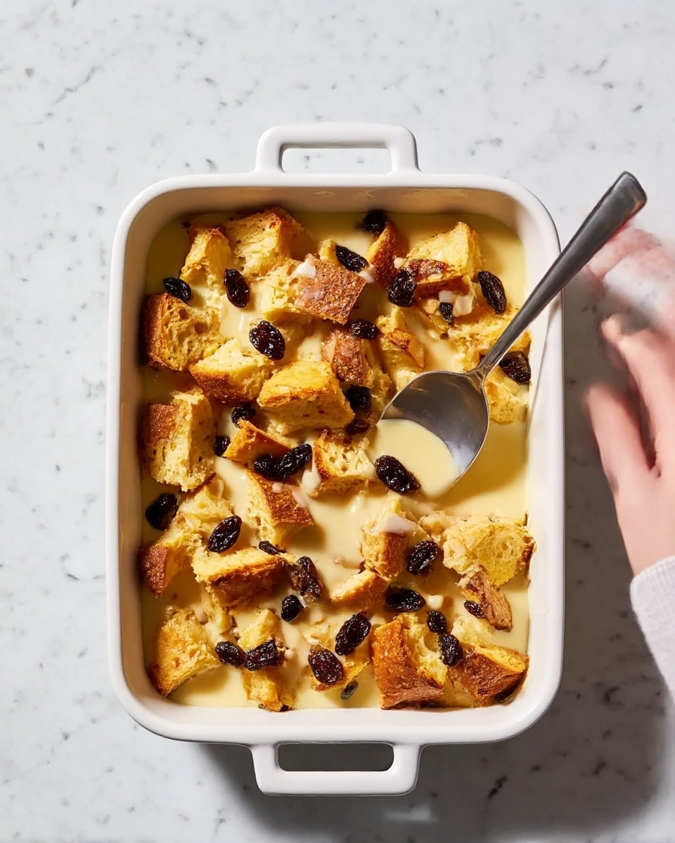 A white square baking dish with two small handles is filled with a layered bread pudding. The bottom layer is soaked in a creamy beige custard, topped with torn pieces of golden yellow bread with some crusts showing a warm brown color. Scattered across the top are plump dark raisins. A woman's hand is holding a fork dipping into the bread pudding from the right side. The dish is resting on a white marbled surface. photo taken with an iphone --ar 4:5 --v 7
