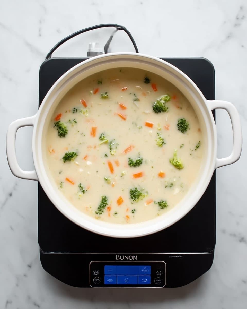 A white pot filled with creamy soup sits on a black electric cooker, placed on a white marbled surface. The soup has a thick light beige broth with small pieces of green broccoli and thin orange carrot sticks scattered evenly throughout. The pot has two handles on each side and the cooker beneath it shows a blue digital screen with buttons. The scene is bright and clean, highlighting the smooth texture of the soup and the fresh vegetables inside. Photo taken with an iphone --ar 4:5 --v 7